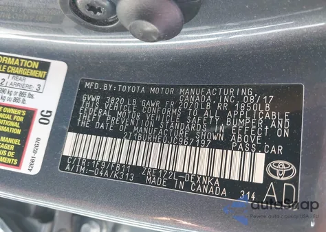 2018 Toyota Corolla L z USA, uszkodzony, nr VIN 2T1BURHE0JC967197